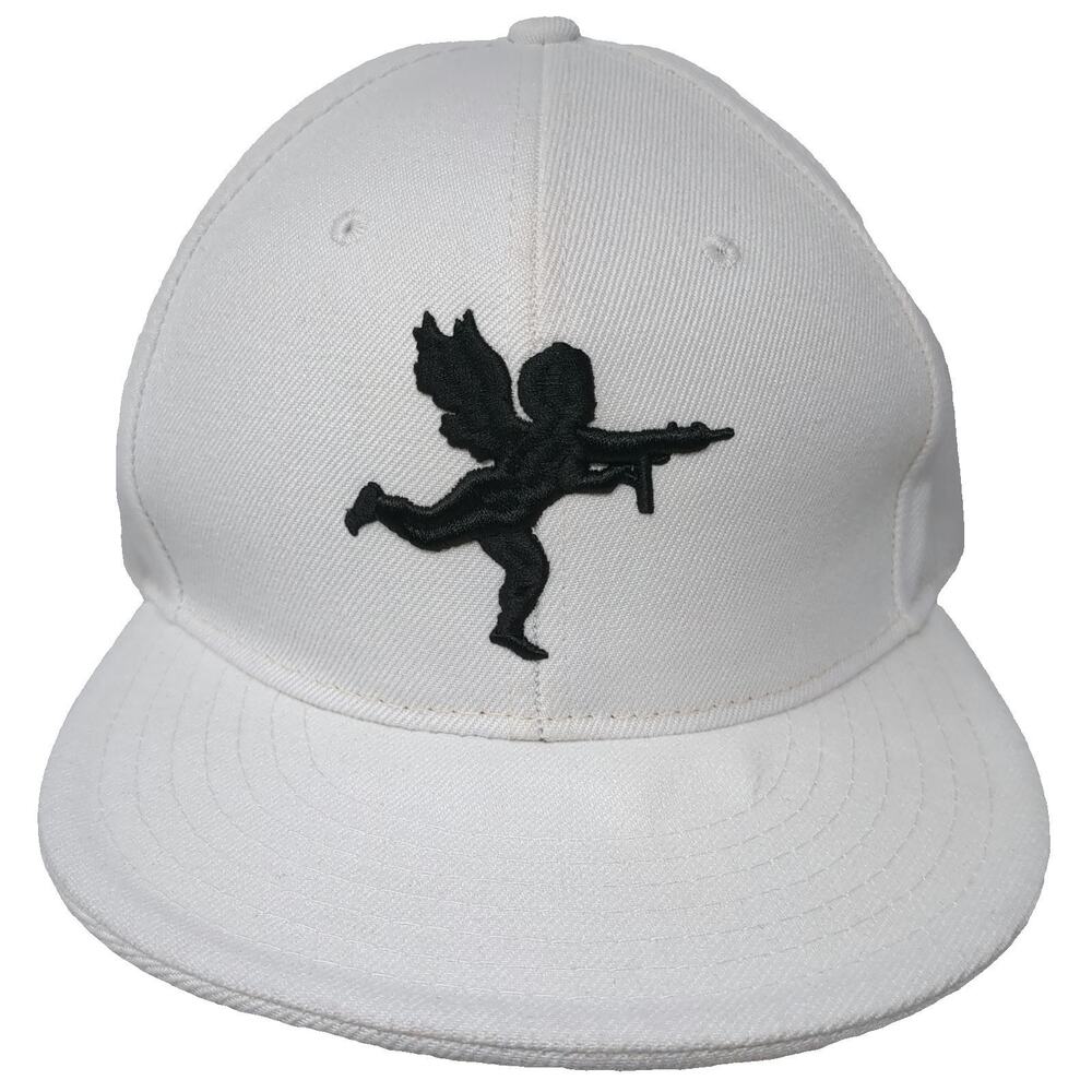 Pit Bull Baseball Cap White Black 7 5/8 Cherub Rifle Embroidery Flat Brim Hat